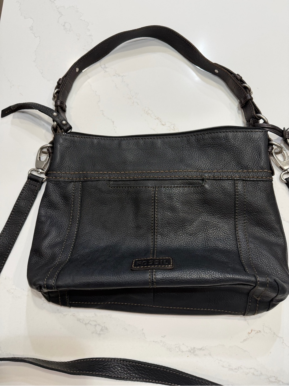 Fossil Black Pebbled Leather Shoulder Bag with Removable Strap